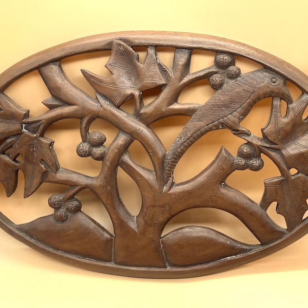 Mid-century Modern Hand Carved wooden wall hanging depicting bird and leaves. - Free UK Post -