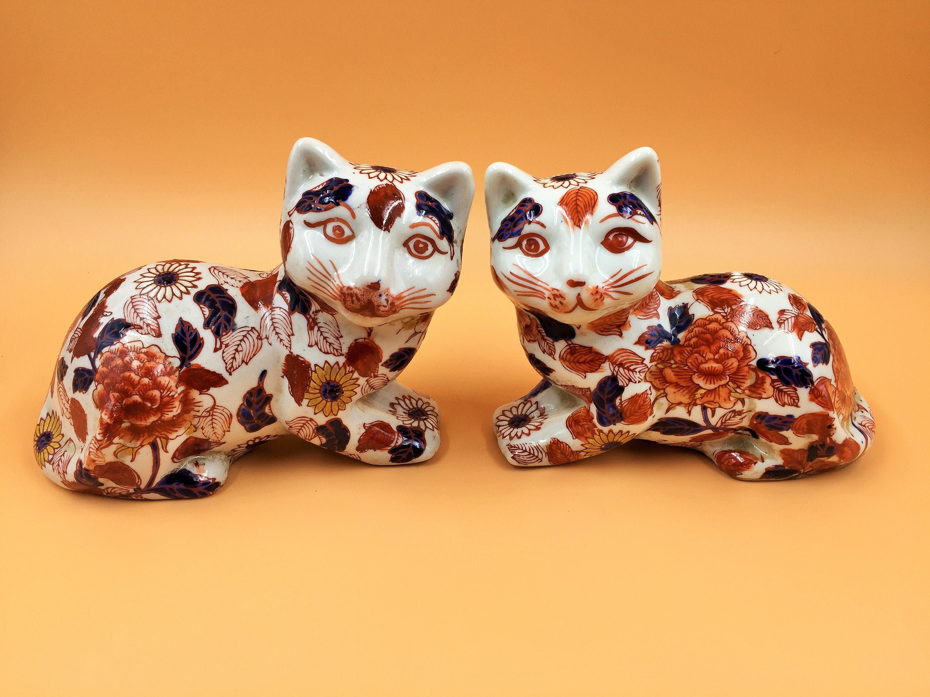 Pair signed antique Chinese porcelain Imari cat figurines by Etsy