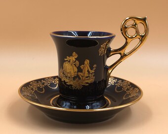 Limoges Castel Porcelain Blue & 22k Gold Demitasse / Chocolate Cup