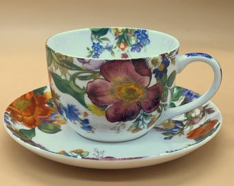 Dúo de taza de té y platillo Mackenzie-Childs Fine Bone China con diseño Flower Market. - ENVÍO GRATUITO AL REINO UNIDO -