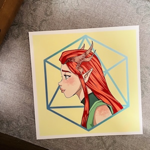 May include: A digital illustration of a woman with red hair and antlers. She is wearing a green and brown outfit and is set against a yellow background with a blue geometric shape.