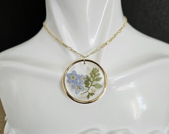 Handmade flower pendant, floral charm, flower necklace, real flowers, gifts for her, Mother, bridesmaid, blue, Forget Me Nots, missionary