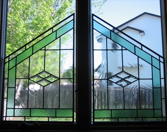 Example of Custom Stained Glass for existing windows.  Contact Shop Owner to discuss options.  Custom design and pricing available.