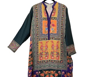 Simple’s Beautiful Gift For Her, Pakistani  printed Blended Silk Dark Green Color Top Tunics , Kurti ,Shirt for Women ,size Large