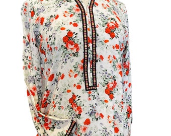 Beautiful cotton crepe red and white floral flowy summer tunic, top trendy modern casual wear medium size