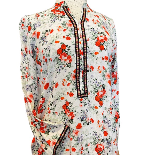 Beautiful cotton crepe red and white floral flowy summer tunic, top trendy modern casual wear medium size