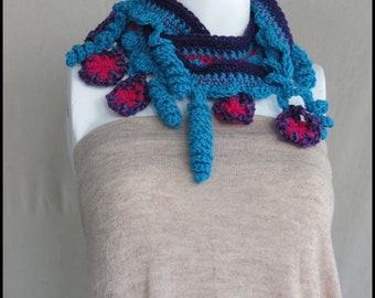 Beautiful Gift  Chiffon Crochet Scarf ,Hand dyed Crochet Garden Adornment  Scarf/ Lariat ,Chiffon scarf.Long Scarf with Crochet Flowers
