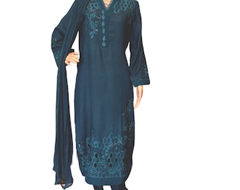 Korean silk suit dress with cut work embroidered and sequins, rhinestones. Breathable fabric women’s wear. Teal. Medium size