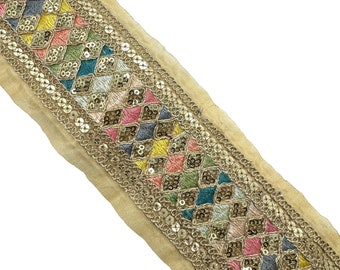 Multicoloured With Metallic Gold Sequence Work Trim Lace, Sari Border, Supply Bollywood Lace Pillow Craft Border By Yard