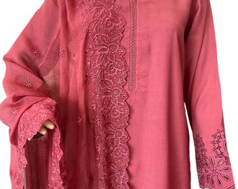 Beautiful machine crafted cutwork suit, desi, kameez shalwar, medium, bright punch colour