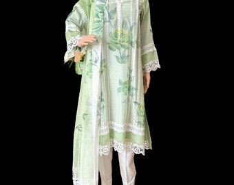 Beautiful hand painted cotton net apple green floral dress, suit, trendy modern wear small size, gift for her