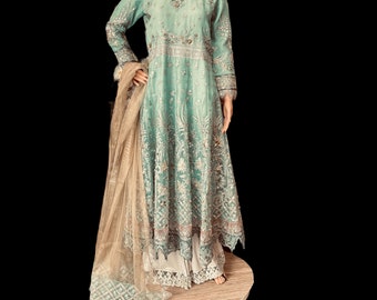 Simple’s beautiful Party/Wedding Organza Dress, Turquoise Dress with Embroiderd Work, Dress for Mehndi, & Sangeet. Size Medium