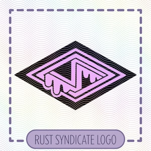 Op de afbeelding: Een zwart en roze logo-ontwerp met een ruitvorm, een roze binnenontwerp en druipende accenten. De tekst "RUST SYNDICATE LOGO" wordt weergegeven in een afgeronde rechthoek aan de onderkant van de afbeelding.