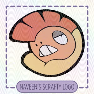 Può includere: Logo di un cartone animato con una creatura scontrosa, arancione e gialla con una cresta spinosa rosso-arancio, delineata in nero. Il testo "NAVEEN'S SCRAFTY LOGO" è in un rettangolo viola. Sfondo con motivo a onde.