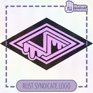 May include: A diamond-shaped graphic logo featuring a black background with a light purple outline and a central light purple letter N design that appears to be dripping. The text RUST SYNDICATE LOGO is printed in a light purple rounded rectangle below.