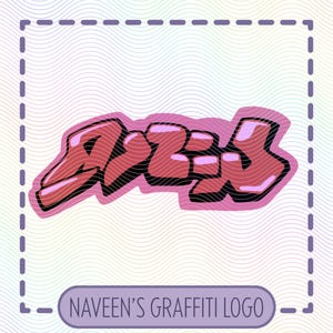 Può includere: Un logo in stile graffiti con il nome "AREZ" in rosso e rosa, delineato in nero. Il logo è posto su uno sfondo ondulato pastello e incorniciato da un bordo tratteggiato. Sotto, un banner recita "NAVEEN'S GRAFFITI LOGO."