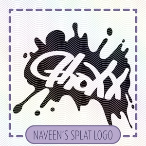 Può includere: Un logo con la parola "Hoxx" in bianco, con caratteri corsivi, su uno sfondo nero a spruzzi di inchiostro. Il logo è incorniciato da un bordo viola tratteggiato e include il testo "Naveen's Splat Logo" in un banner viola.