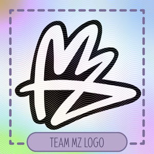 Puede incluir: Un logotipo estilizado en blanco y negro con las letras "MZ" en cursiva. El logotipo está sobre un fondo degradado de morado, azul y verde. El texto "TEAM MZ LOGO" está en un rectángulo morado debajo del logotipo.