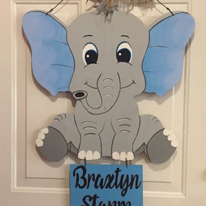 Elephant Baby Boy Birth Announcement: Wooden Door Hanger