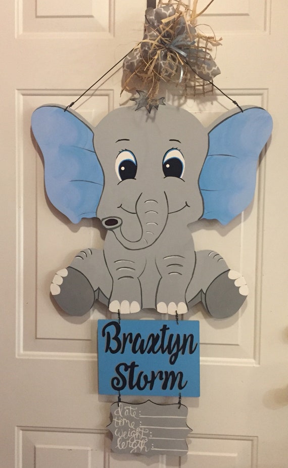 Elephant Baby Boy Birth Announcement: Wooden Door Hanger