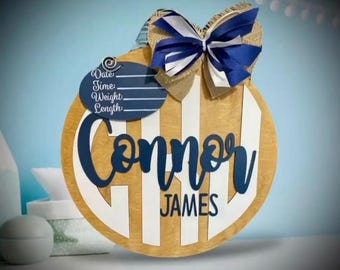 Custom Baby Birth Announcement Door Hanger: Painted Birch Ply Wood