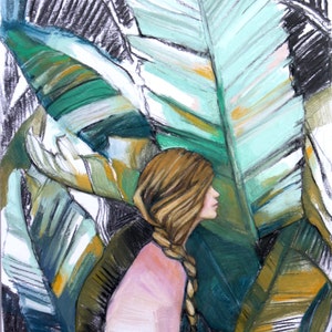 Jungle Jane Print, charcoal and chalk pastel drawing, illustration, tropical leaves, woman, portrait, original art, gifts for her image 1