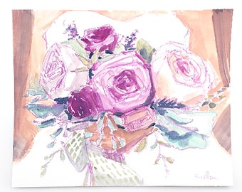 Bouquet of Purple Peonies and Roses, Lavender, Peach Floral painting, painting of flowers, floral bouquet Valentine's Day gift, bridal art