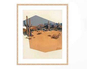 Print of Denim and Whiskey Desert.  Desert painting, Joshua tree, cactus painting, minimalist art, geometric art, abstract art