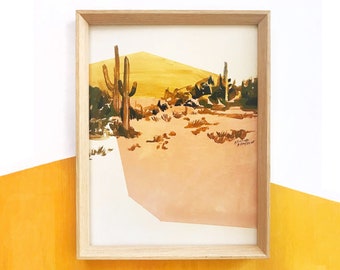 Print of Pink and Mustard Desert.  Desert painting, Joshua tree, cactus painting, blush, mustard, minimalist, geometric art, abstract art