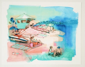 Print of Beach Scene, Watercolor painting. Modern art, Summery, Ocean, Colorful Beach Painting, California summer, Palm Trees, Beach Drawing
