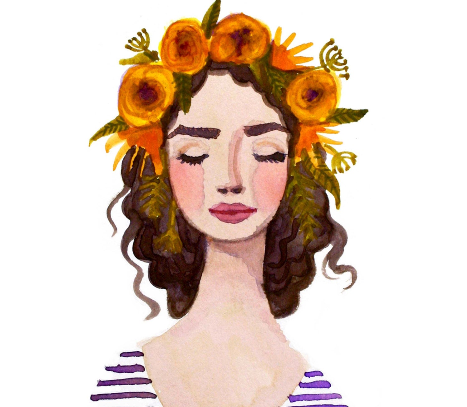 Print of Purple Flower crown girl watercolor painting. Etsy