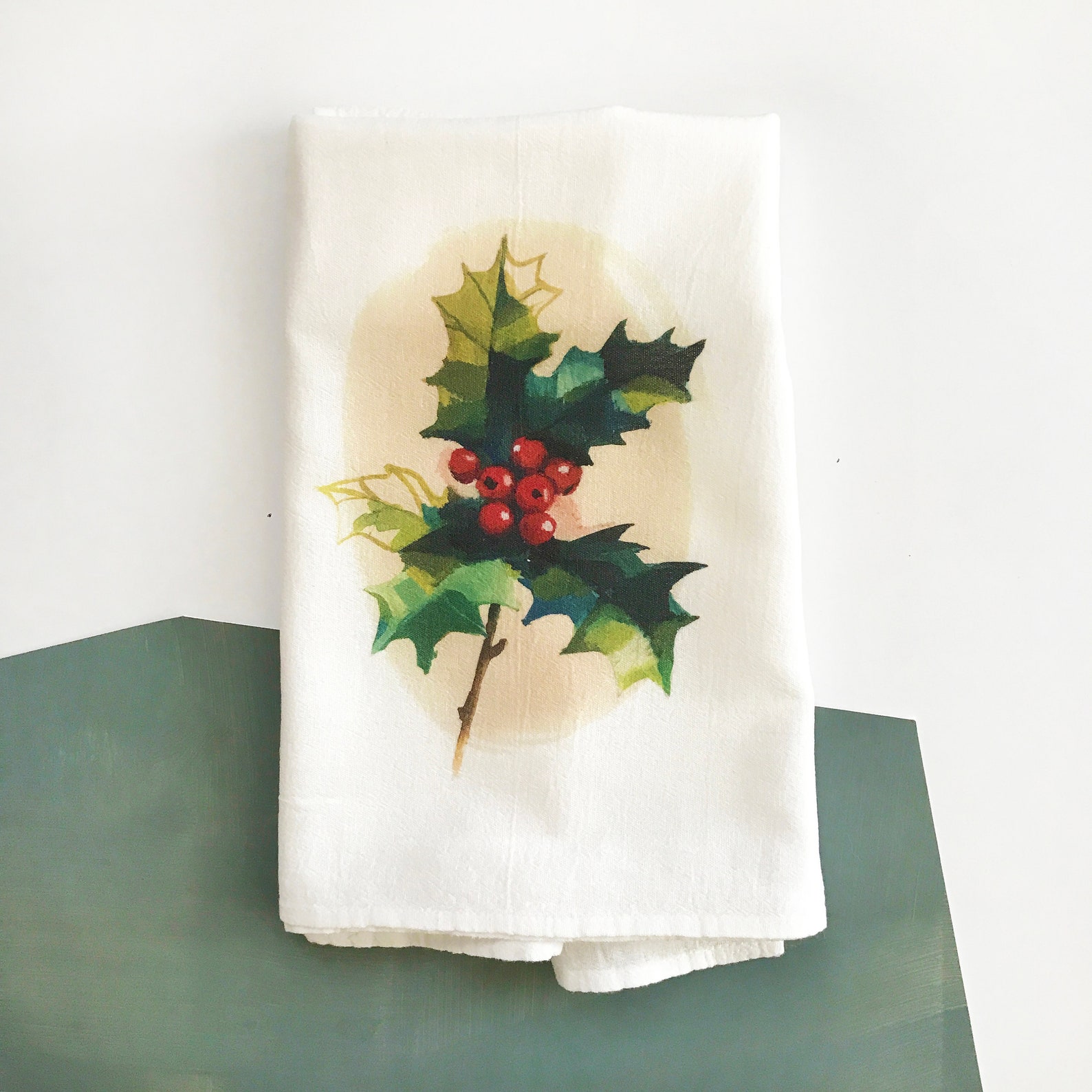 Cotton Tea Towel with Holly Berries. Hostess gift Holidays. Etsy