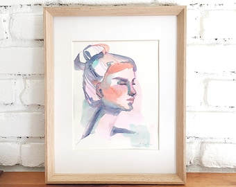Original watercolor face, portrait of a woman, abstract art, colorful art, gifts for her, original art, profile, feminine,