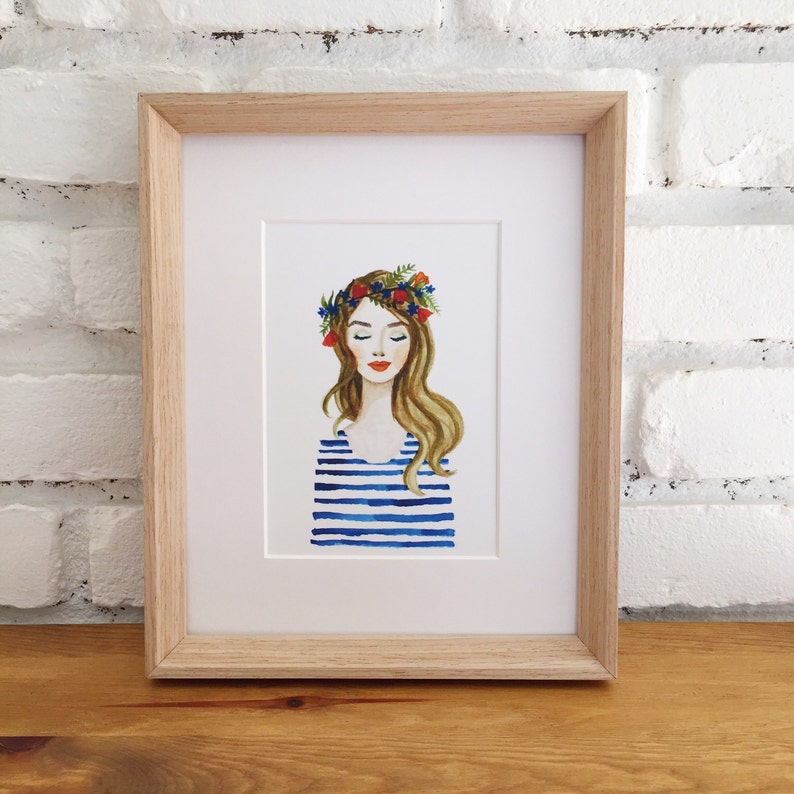 Print of Blue Flower Crown Girl Watercolor Painting. Coral Etsy