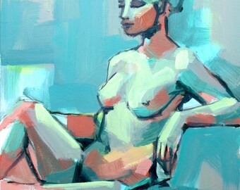 Print of Female Figure in acrylic, figure drawing Female nude, Bathroom Art colorful art, woman, gifts for her, aqua, mint, coral peach mint
