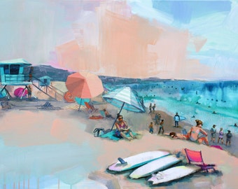 Print of Peachy Doheny Beach Scene, acrylic painting. Colorful art, beach painting, surfer, surboards, neon, california, beach watercolor