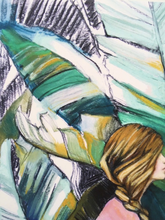 Jungle Jane Imprimer Dessin Pastel Au Fusain Et à La Craie Illustration Feuilles Tropicales Femme Portrait Art Original Cadeaux Pour Elle