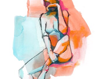 Lady Coral, Print of watercolor and figure drawing of a nude woman Female nude, Bathroom Art, colorful art, woman, modern art, gifts for her