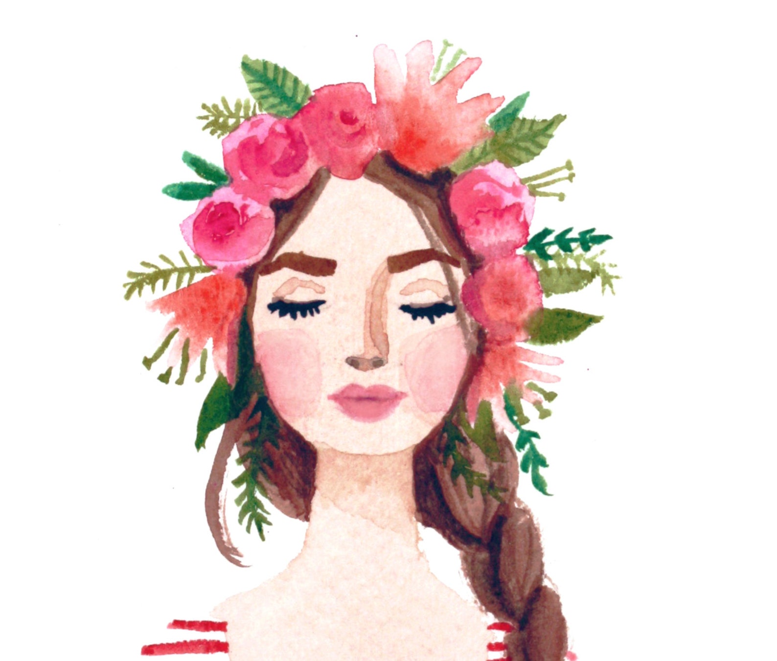 Print of Flower Crown Girl Original Watercolor Painting. Pink Etsy