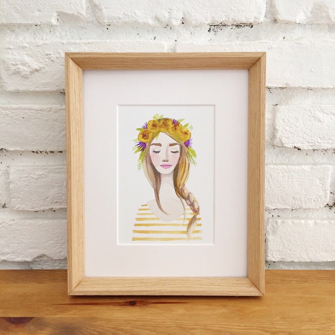 Yellow Flower Crown Girl Print of Watercolor Painting. Braid Etsy