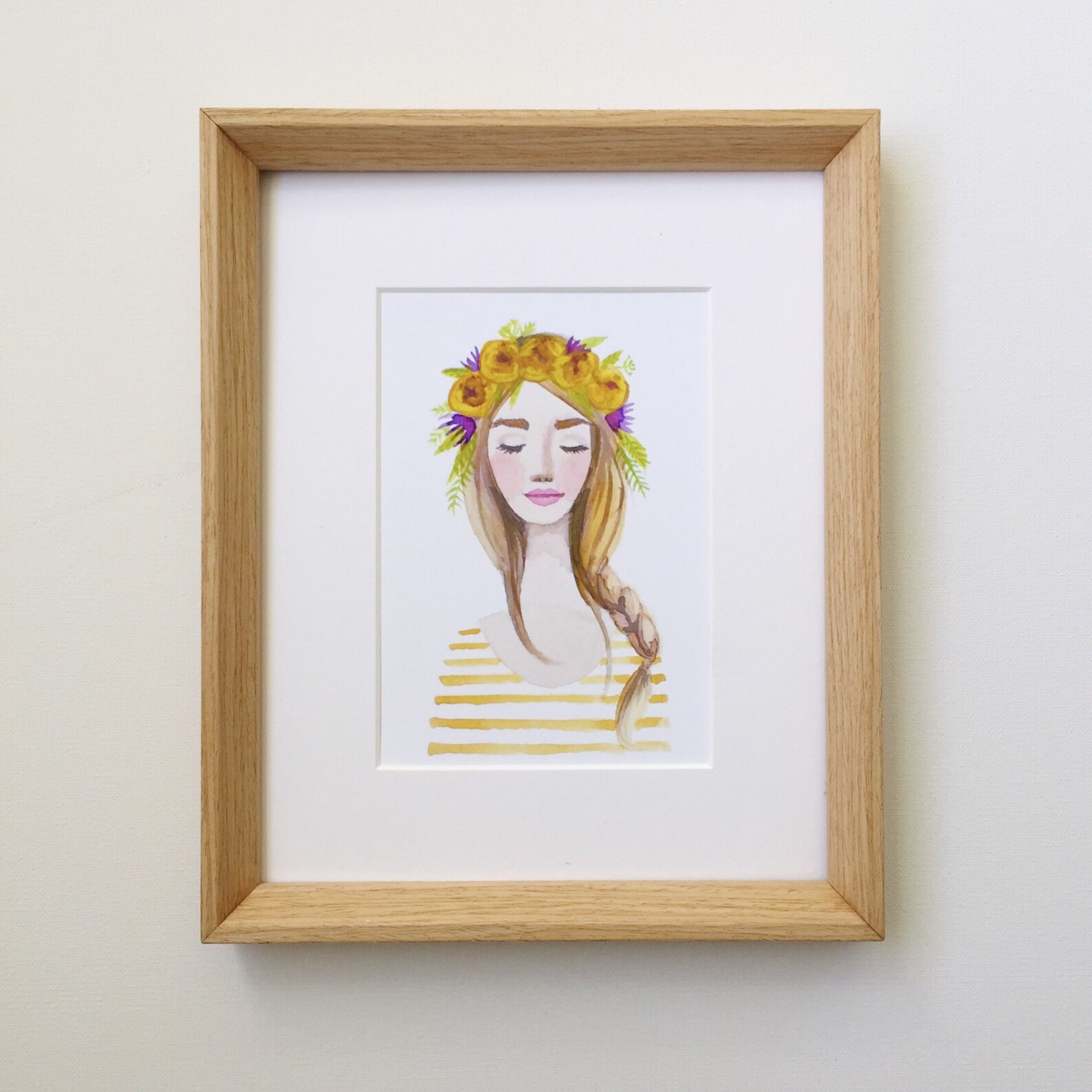 Yellow Flower Crown Girl Print of Watercolor Painting. Braid Etsy