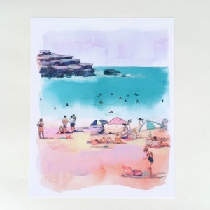 Bondi Beach in Pink Print. Beach scene painting, watercolor, beach house art, beach watercolor palm trees, coral, pink, patterned umbrellas