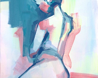 Print of Female Figure in pastel and neon, figure drawing Female nude, Bathroom Art, colorful art, woman, gifts for her, graceful back