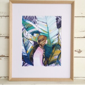 Jungle Jane Print, charcoal and chalk pastel drawing, illustration, tropical leaves, woman, portrait, original art, gifts for her image 3