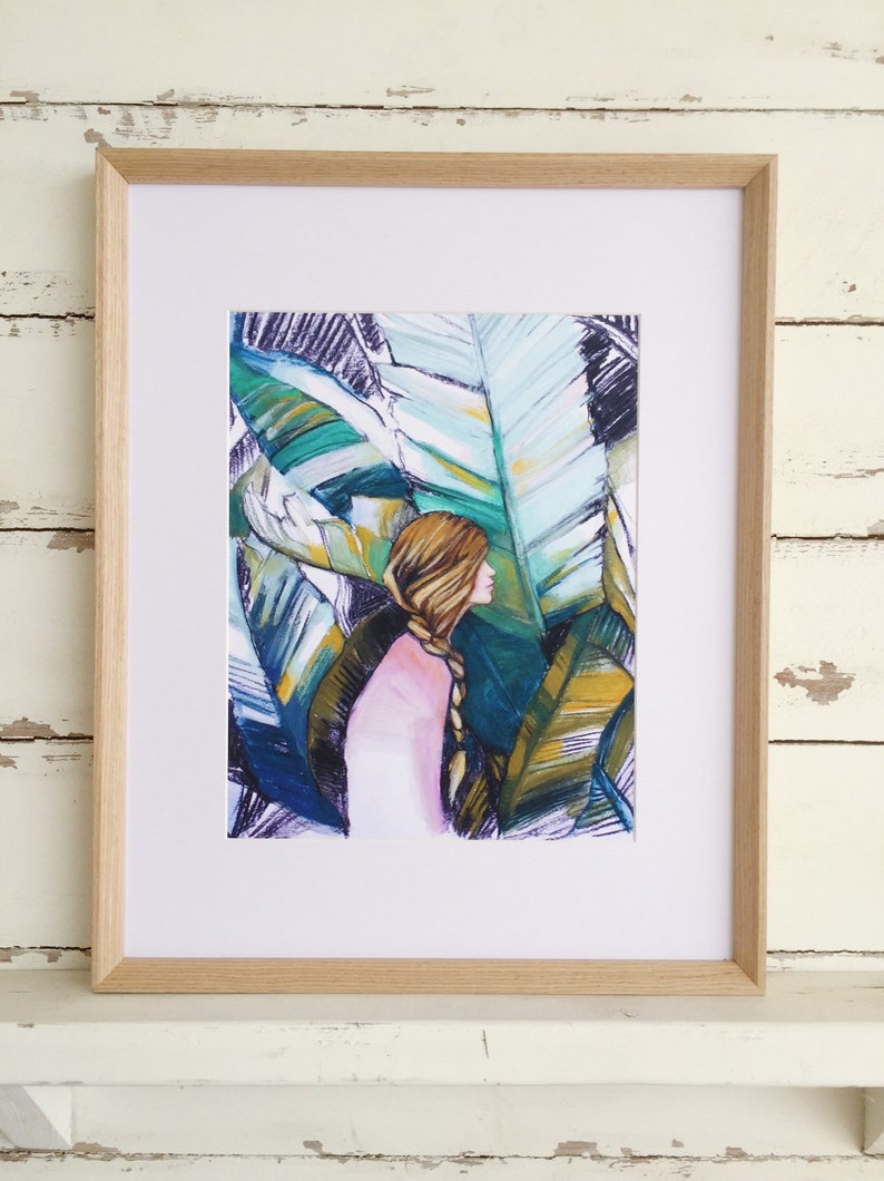 Jungle Jane Print, charcoal and chalk pastel drawing, illustration, tropical leaves, woman, portrait, original art, gifts for her image 3