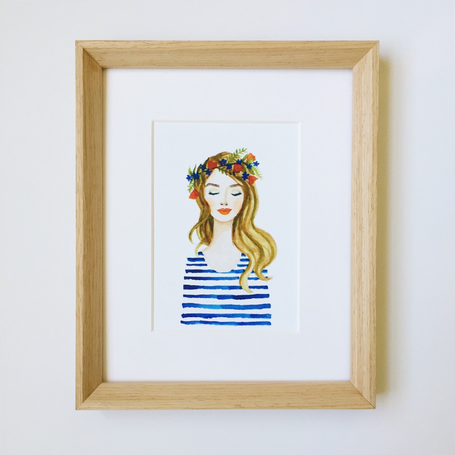 Print of Blue Flower crown girl watercolor painting. Coral Etsy