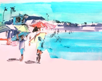 Beach scene on pink print. painting, watercolor, beach house art, california, beach watercolor palm trees southern california, ocean coral