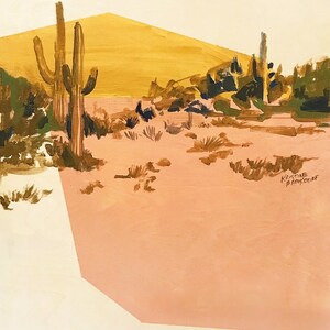 May include: A painting of a desert landscape with a yellow hill in the background and two tall cacti in the foreground. The ground is a light pink color and there are small green bushes scattered throughout the scene. The artist's signature, "Kristine Brochu", is visible in the bottom right corner.