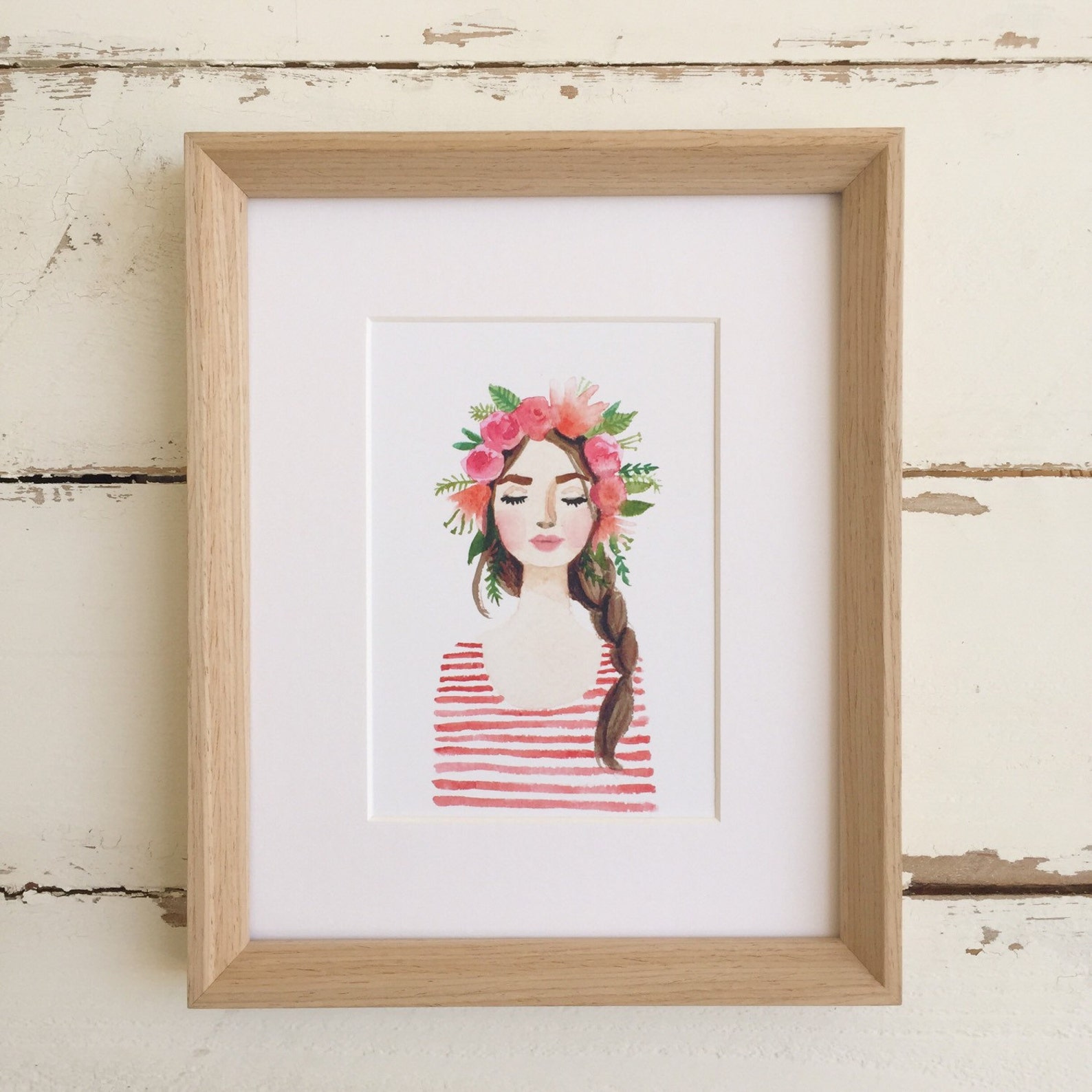 Print of Flower Crown Girl Original Watercolor Painting. Pink Etsy