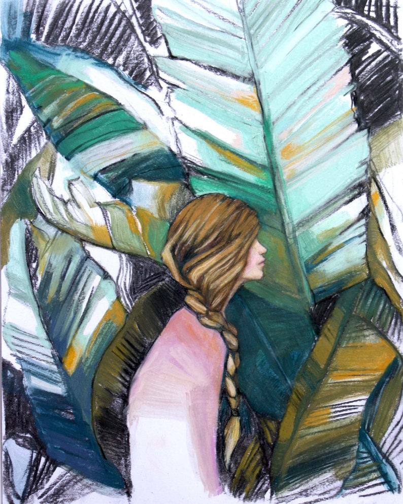 Jungle Jane Print, charcoal and chalk pastel drawing, illustration, tropical leaves, woman, portrait, original art, gifts for her image 1